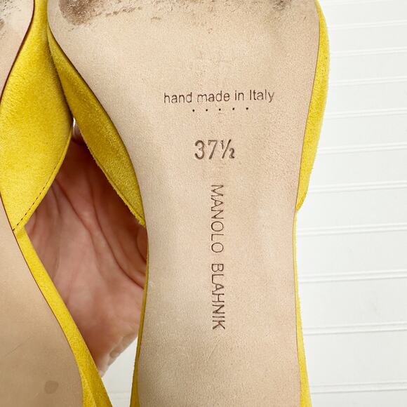 Manolo Blahnik Maysale Yellow Suede Mule Slip-On Kitten Heel Pumps 37.5 Buckle - Picture 7 of 8